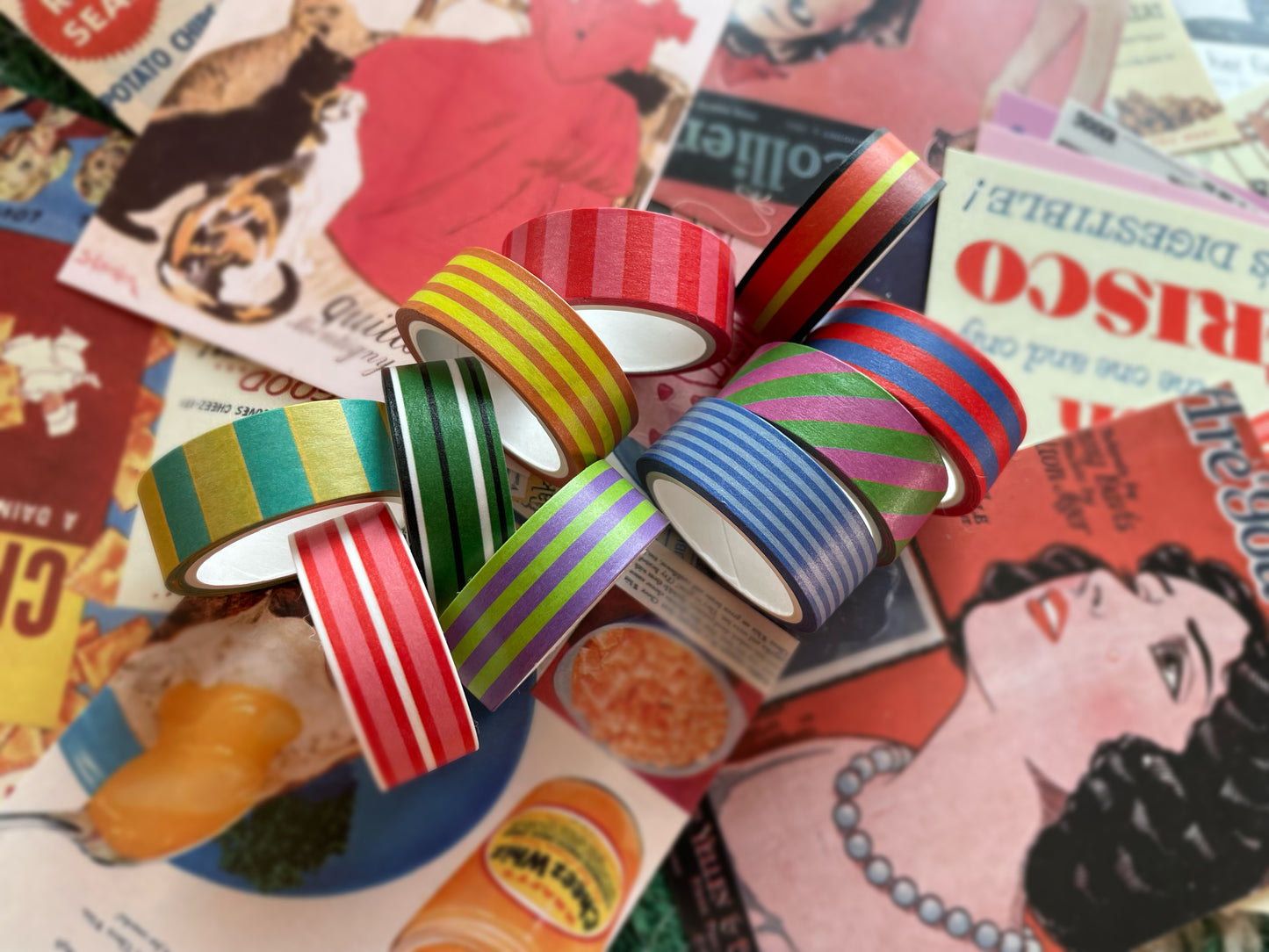 lovielf Washi Tape Set Vintage Cute Retro Colored Colorful Stripes Pop Art Black and White Aesthetic | 14 Rolls, 15mm for Craft Gift Wrapping, Planner, Journaling, Scrapbooking(Stripes)
