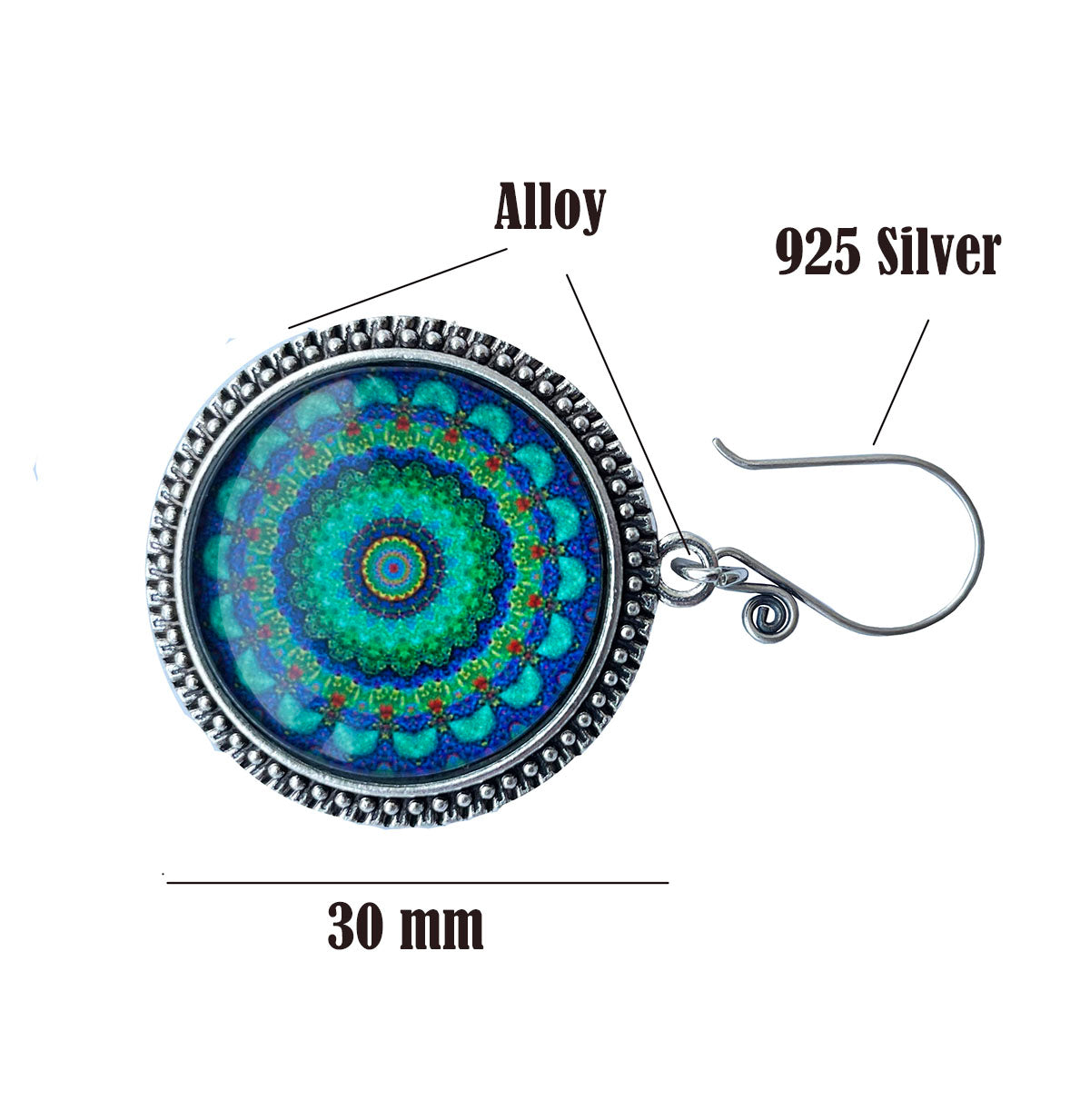 lovielf 925 Silver Portuguese Knitting Pin for Knitters with Teal Bohemian Mandala Design- Magnetic | 2 pcs