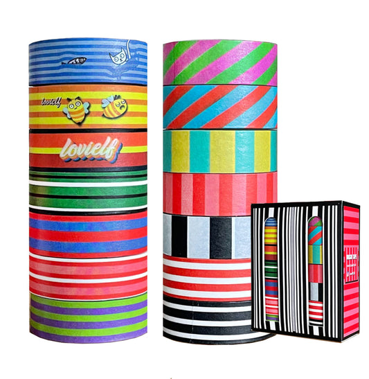 lovielf Washi Tape Set Vintage Cute Retro Colored Colorful Stripes Pop Art Black and White Aesthetic | 14 Rolls, 15mm for Craft Gift Wrapping, Planner, Journaling, Scrapbooking(Stripes)
