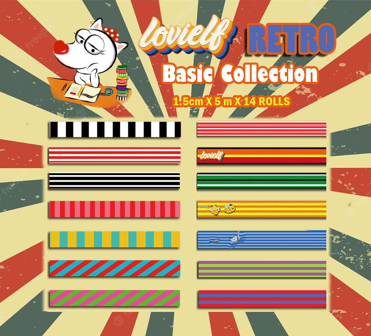 lovielf Washi Tape Set Vintage Cute Retro Colored Colorful Stripes Pop Art Black and White Aesthetic | 14 Rolls, 15mm for Craft Gift Wrapping, Planner, Journaling, Scrapbooking(Stripes)