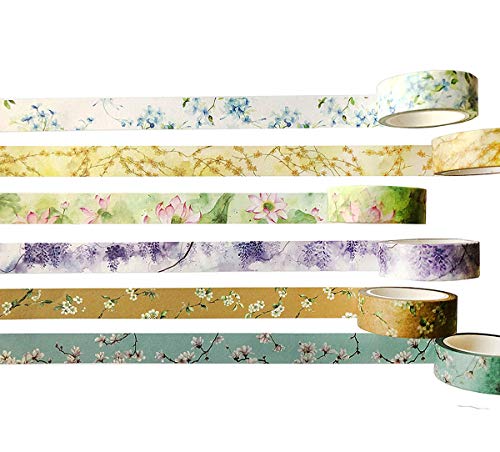 lovielf Floral Washi Tape Lotus Flower Pear Blossom Magnolia denudata Blue Leadwort Wisteria Jasmine | Set of 6 Rolls | Width : 15mm | for Artts and Crafts, DIY, Scrapbooks, Journaling, Gift Wrapping