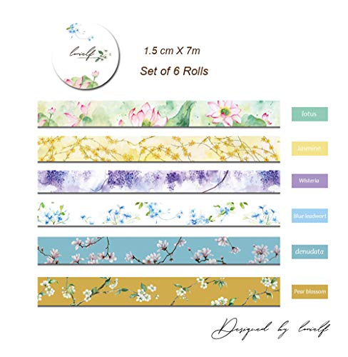 lovielf Floral Washi Tape Lotus Flower Pear Blossom Magnolia denudata Blue Leadwort Wisteria Jasmine | Set of 6 Rolls | Width : 15mm | for Artts and Crafts, DIY, Scrapbooks, Journaling, Gift Wrapping