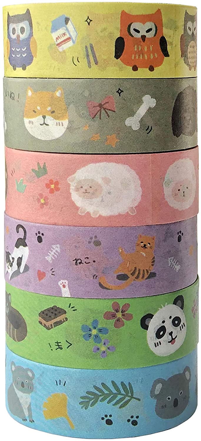 lovielf Cute Kawaii Cartoon Animal Owl Sheep Dog Cat Lesser Panda Bear Koala Pink Yellow Green Washi Tape | Set of 6 Rolls