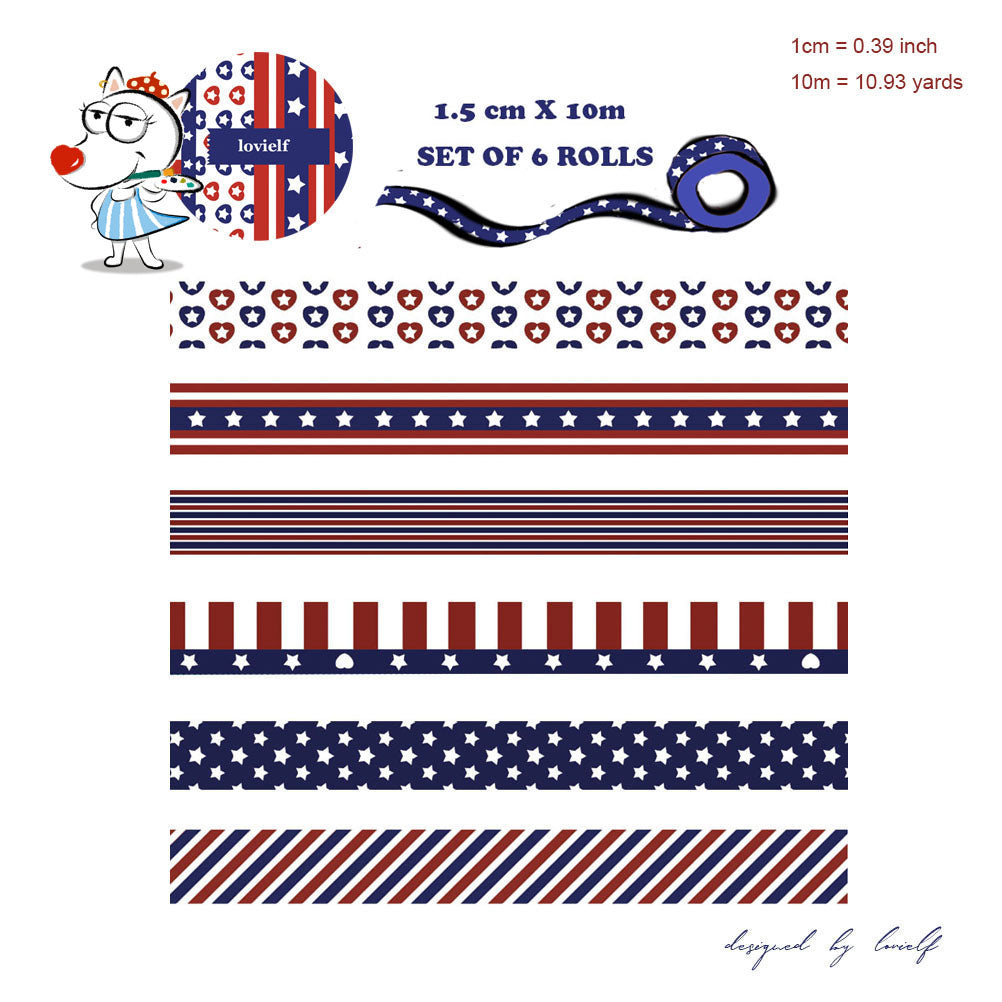 United State American Stars and Stripes Flag washi Tape Set of 6 Rolls - DIY Japanese Masking Scrapbook Notebook Planner
