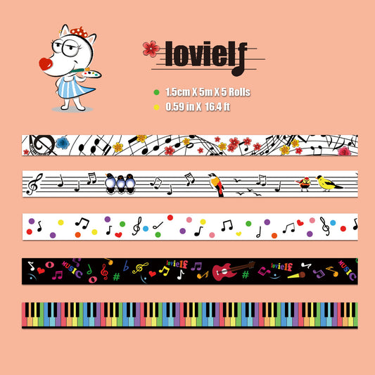 lovielf Washi Tape Set Music Note Piano Keyboard Black Colored Cute Dot Bird Flower Floral Washi Tape | 5 Rolls, 15mm for Craft Gift Wrapping, Planner, Journaling