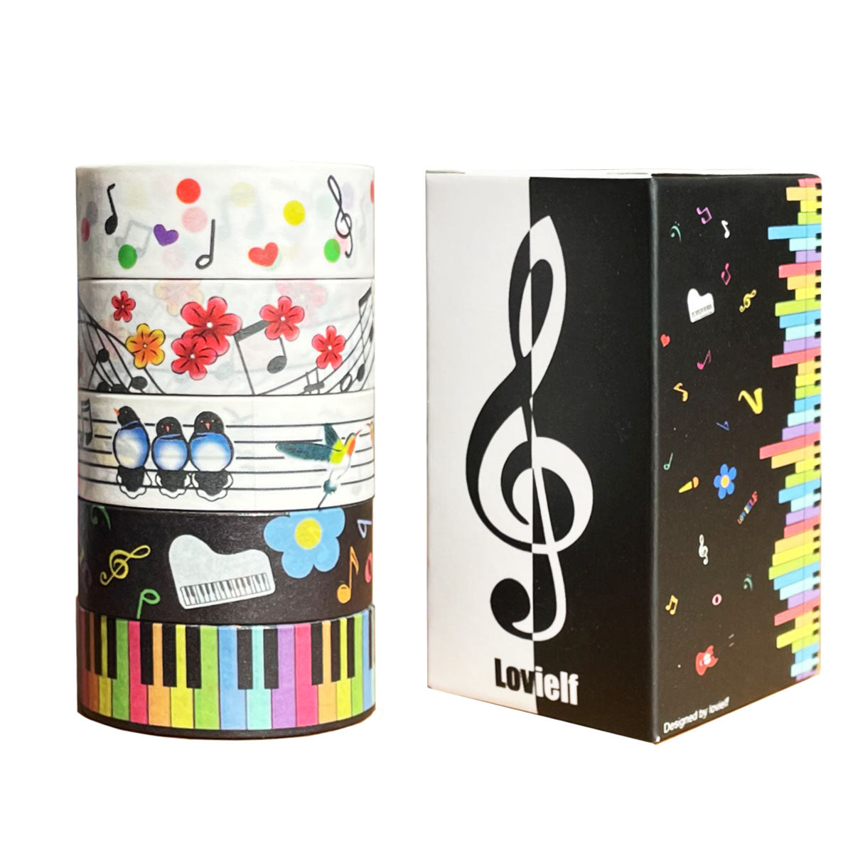 lovielf Washi Tape Set Music Note Piano Keyboard Black Colored Cute Dot Bird Flower Floral Washi Tape | 5 Rolls, 15mm for Craft Gift Wrapping, Planner, Journaling
