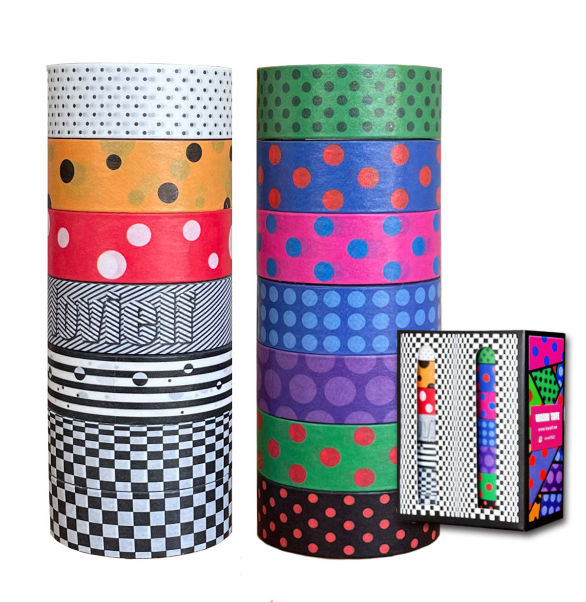 lovielf Washi Tape Set Vintage Cute Retro Colored Polka Dot Pop Op Art Black and White Aesthetic | 14 Rolls, 15mm for Craft Gift Wrapping, Planner, Journaling, Scrapbooking (Op Art + Polka dot A)